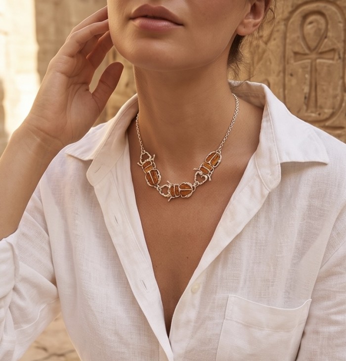 Unique creation - The Egyptian Scarab Beetles natural Baltic Amber .925 Sterling Silver handcrafted necklace - Necklace worn on neck with Egyptian Scarab Beetles design.