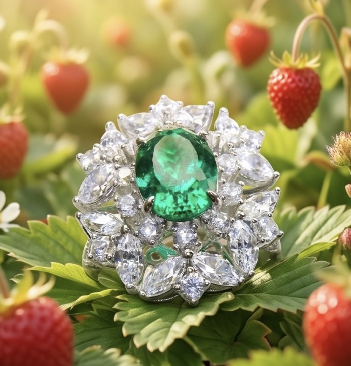Elizabeth oval cut 4.8 carat Colombian Emerald 11.2 carat Moissanite .925 Sterling Silver dipped in Rhodium handcrafted Ring size 8 - Close-up of oval cut emerald ring with diamonds among strawberries