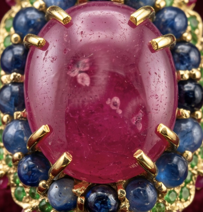 King of Gems Genuine 24.5 CARAT Mozambique Ruby 18K Gold over .925 Sterling Silver Large Statement Ring size 9 - Close-up of Mozambique ruby ring in 18K gold with blue and green stones.
