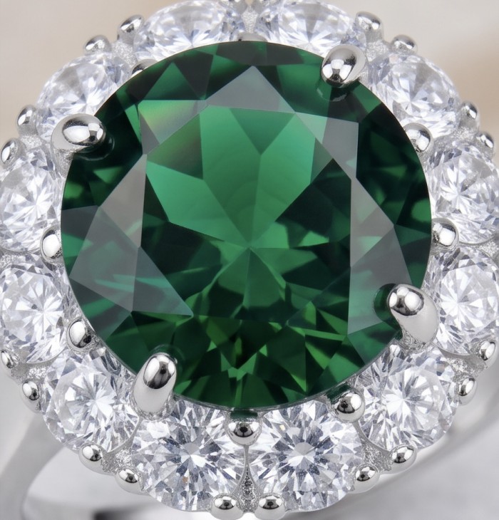Elizabeth oval cut 9.8 carat Colombian Emerald 4.2 carat Moissanite .925 Sterling Silver dipped in Rhodium handcrafted Ring size 7 1/4 - Close-up of Elizabeth oval cut emerald surrounded by diamonds