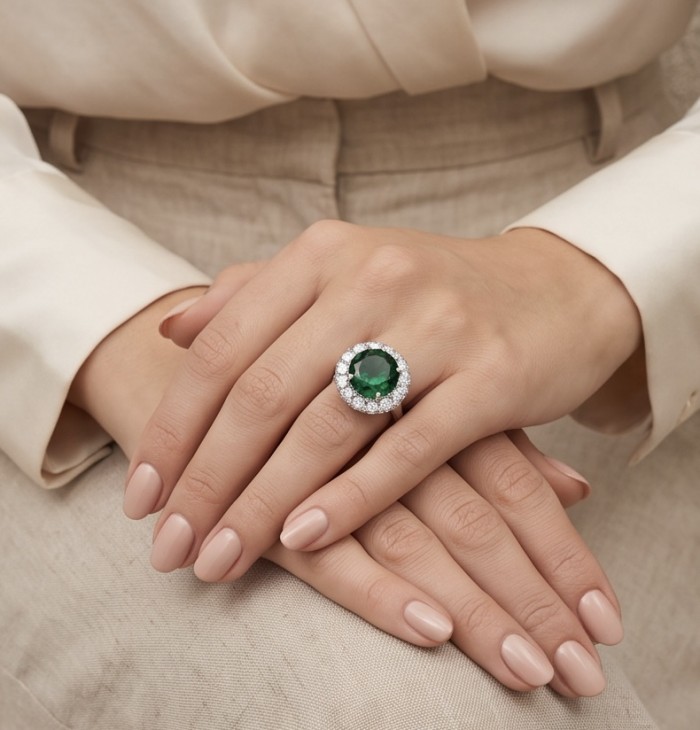 Elizabeth oval cut 9.8 carat Colombian Emerald 4.2 carat Moissanite .925 Sterling Silver dipped in Rhodium handcrafted Ring size 7 1/4 - Oval cut emerald ring worn on hand, showcasing center stone and halo.