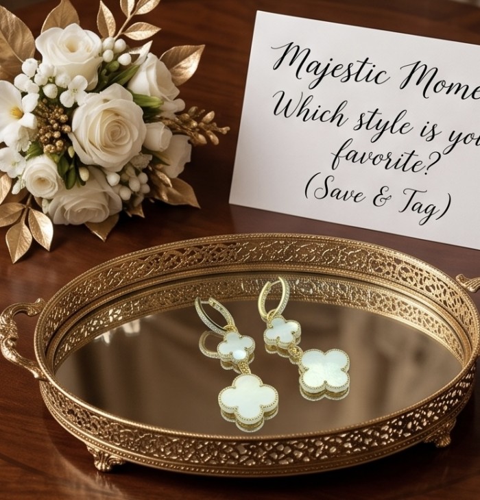 Four leaf clover Genuine Blister Pearl lab grown Diamond 18K Gold over .925 Sterling Silver handcrafted Earrings - Elegant four-leaf clover earrings on ornate tray, top view.