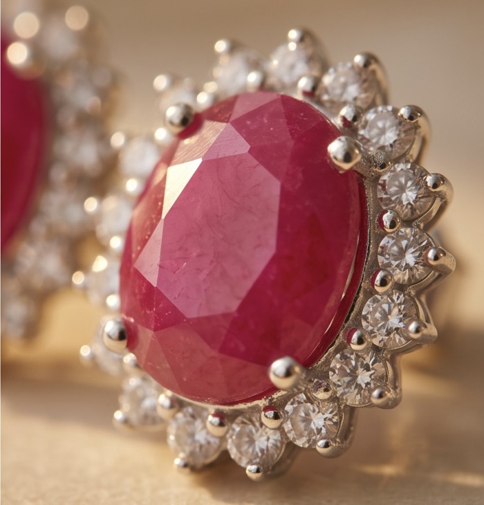 Natural 8.5 carat Mozambique Ruby .925 Sterling Silver Handcrafted Earrings - Close-up of Mozambique ruby with diamond accents in sterling silver.