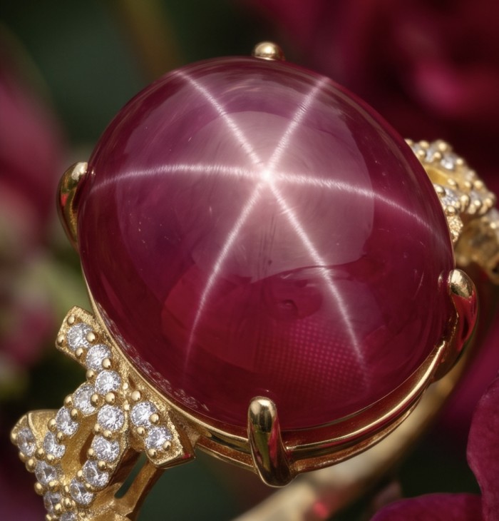 Bella Rosa Genuine 17.5 CARAT Ruby 18K Gold over .925 Sterling Silver Large Statement Ring size 8 - Stone close-up of Bella Rosa 17.5 CARAT Ruby ring in gold with diamonds