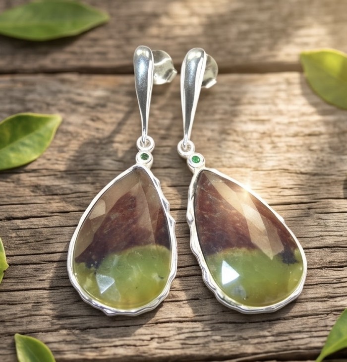 Large Unique genuine Chrysoprase rhodium over .925 Sterling Silver handmade earrings - Close-up of Peruvian teardrop earrings on wooden background.