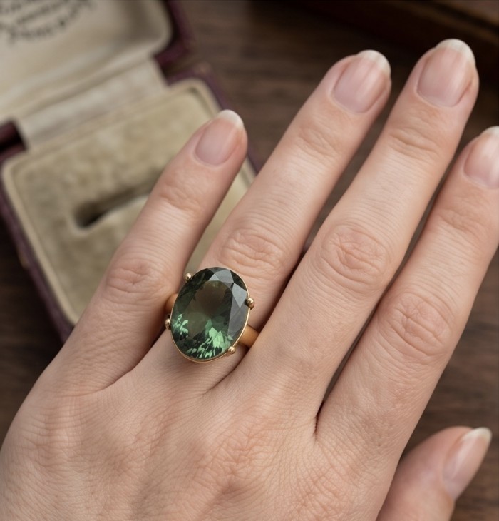 Exotic Beauty oval cut 17.5 carat Helenite .925 Sterling Silver dipped in Real 14k Gold handmade Ring s. 8 - Oval cut Helenite ring worn on hand, showcasing the stone's rich green color.