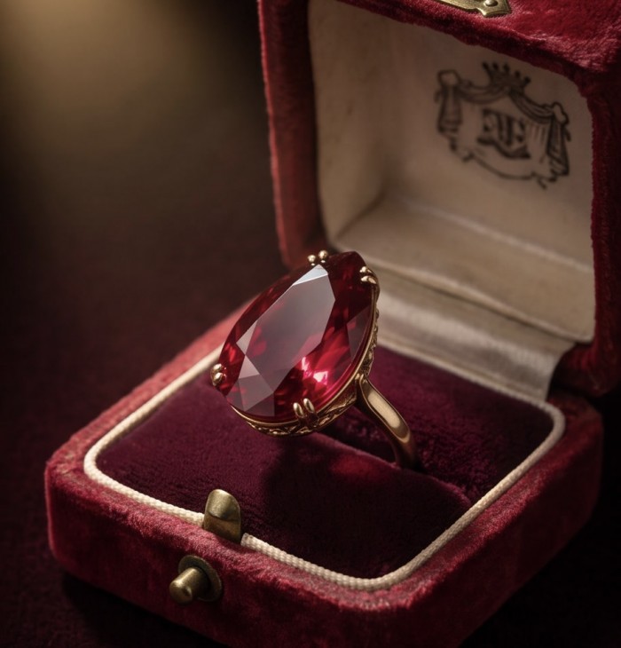 Carmen Natural 25.4 carat Ruby .925 Sterling Silver dipped in 22K Gold handmade Large Statement Ring size 5 3/4 - Close-up of 25.4 carat ruby ring in velvet box.