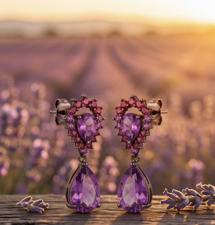 Natural 10.6 carat fancy pear cut Amethyst black rhodium over .925 Sterling Silver handmade earrings - Pear-cut amethyst earrings in lavender field, front view.