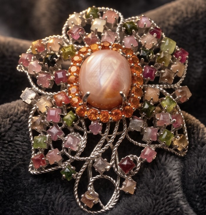 Vintage style 72.5 carat authentic Brazilian Watermelon Tourmaline .925 Sterling Silver dipped in rhodium handmade Pendant - Brooch - Vintage style brooch, close-up of gemstones and central pearl.