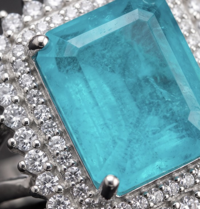 Wonderland 9.5 carat Brazilian Paraiba Tourmaline rhodium over .925 Sterling Silver Handcrafted Ring size 8 - Close-up of Paraiba Tourmaline ring with diamond accents