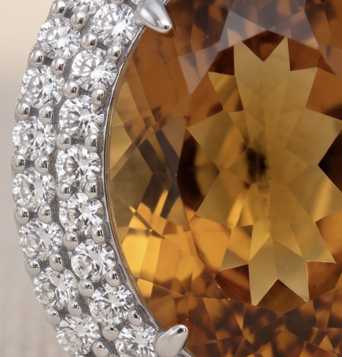 Luxury genuine 45.5 CARAT oval cut Champagne Topaz .925 Sterling Silver dipped in rhodium handmade Pendant - Close-up of 45.5 carat oval cut champagne topaz with diamond accents.
