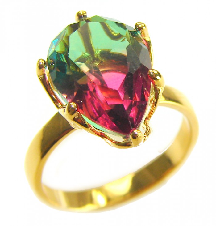 5.9 carat pear cut Brazilian Tourmaline 14K Gold over .925 Sterling Silver Perfectly handcrafted Ring s. 7 - Pear cut Tourmaline gold ring close-up, 14K over .925 silver.