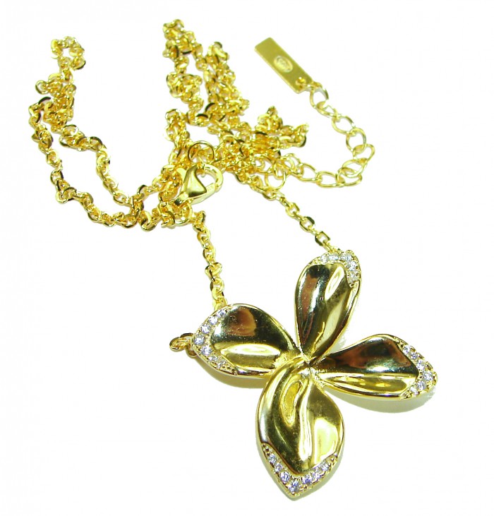Lotus flower White Topaz highly polished 18K Gold over .925 Sterling Silver Italy made necklace - Gold lotus flower necklace with white topaz, chain detail shown.