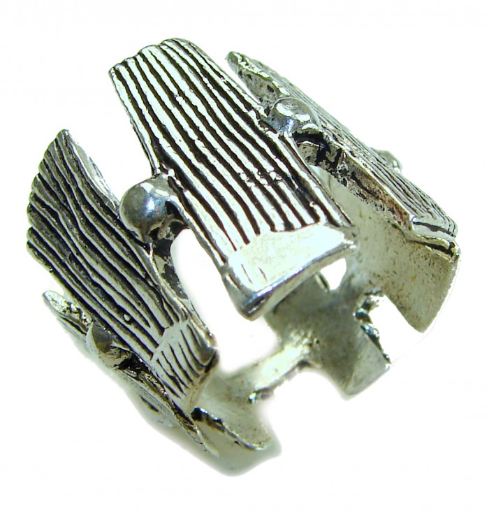 Mantra Large and Solid Bali made .925 Sterling Silver ring size 6 1/2 - Angled view of .925 Sterling Silver ring with textured detail.