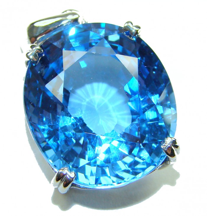 Vintage style 20.8 carat Swiss Blue Topaz .925 Sterling Silver DIPPED IN RHODIUM handmade Pendant - Close-up of vintage style Swiss Blue Topaz in sterling silver setting.