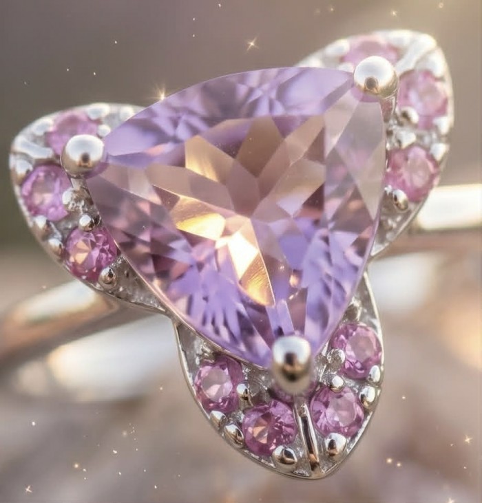 Purple Queen trillion cut 3.9 carat Amethyst .925 Sterling Silver Handcrafted Ring size 8 - Close-up of Purple Queen 3.9 ct Amethyst in .925 Sterling Silver setting