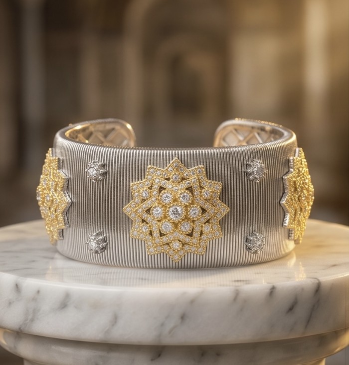 Dolce Vita - Precious Natural 9.5 carat White Topaz 2 tones .925 Sterling Silver handcrafted bracelet - Gold star pattern bracelet with white topaz, front view on marble stand.