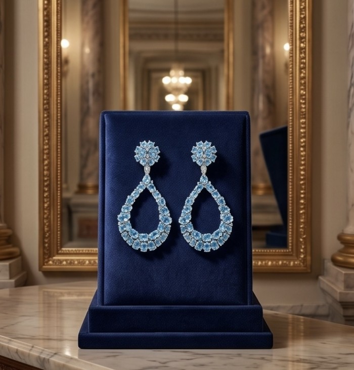 Atlantica 12.8 carat Swiss Blue Topaz 22K Gold over .925 Sterling Silver Handcrafted Statement earrings - Earrings on display stand, showing front view against elegant backdrop.