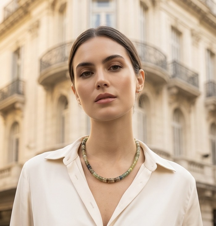 Giovanna - Top quality 95.80 grams Natural Fluorite .925 Sterling Silver handcrafted 22 inches necklace - Woman wearing the Giovanna Natural Fluorite necklace, front view.