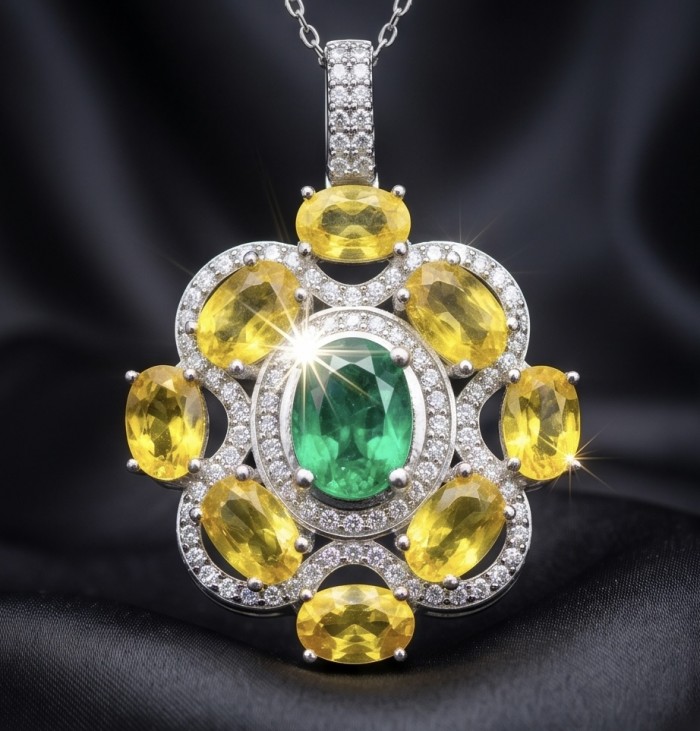 Giovanna - 12.5 carat Authentic Brazilian Peridot .925 Sterling Silver handcrafted Pendant - Elegant pendant with emerald center and yellow gems, front view.