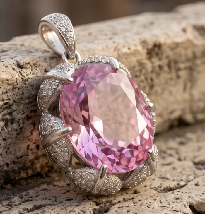 Oval cut 15.8 carat Bubblegum Pink Sapphire from Madagascar .925 Sterling Silver handcrafted pendant - Close-up of oval pink sapphire pendant with diamond accents