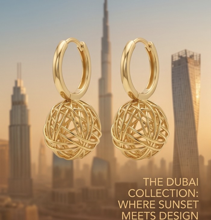 Dubai Style - Golden SPHERES .925 Sterling Silver dipped in 22K Gold handmade Earrings - Golden hoop earrings with intricate spheres, Dubai skyline background.
