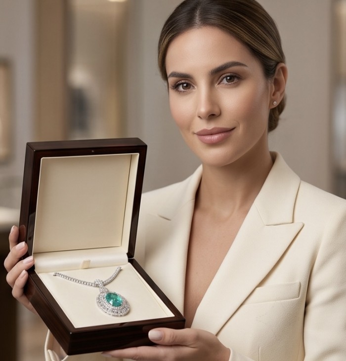 Colombian Briliance - oval cut 22.7 carat Emerald .925 Sterling Silver handcrafted necklace - Woman holding open box with Colombian Brilliance emerald necklace.