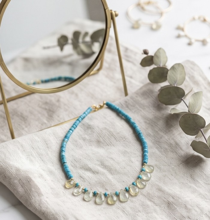 Serenity - 10.2 carat Citrine Turquoise .925 Sterling Silver handmade necklace - Turquoise and citrine necklace with brass mirror and eucalyptus, top view.