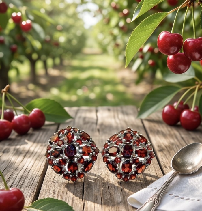 María Rosa - Real Art - Natural 20.2 carat Garnet from India .925 Sterling Silver handcrafted Large Statement earrings - Garnet earrings displayed on rustic table with cherries in background.