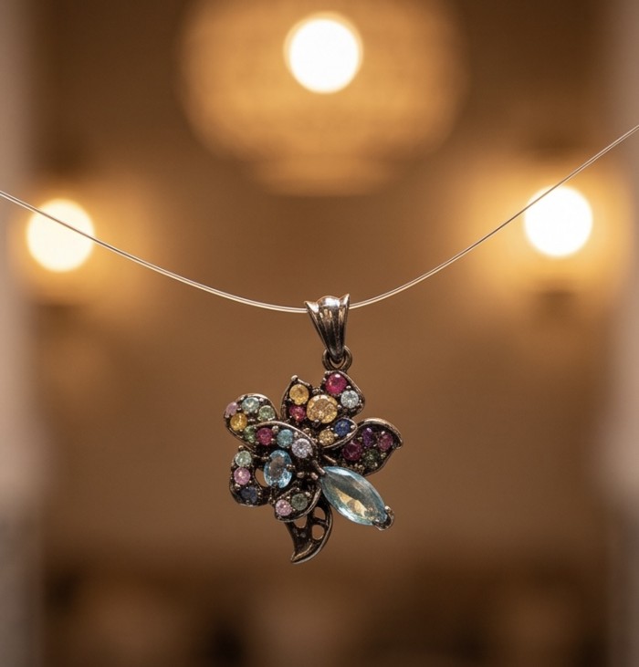 Colors of the Earth Precious 14.5 carat Multigem .925 Sterling Silver dipped in black rhodium Pendant - Close-up of multigem pendant on delicate necklace.