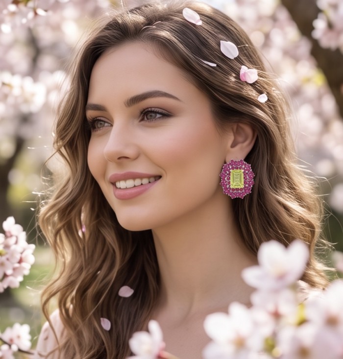 Francesca Authentic 15.5 carat Brazilian Citrine Mozambique Ruby .925 Sterling Silver brilliantly handcrafted Statement earrings - Woman wearing large citrine earrings surrounded by blossoms
