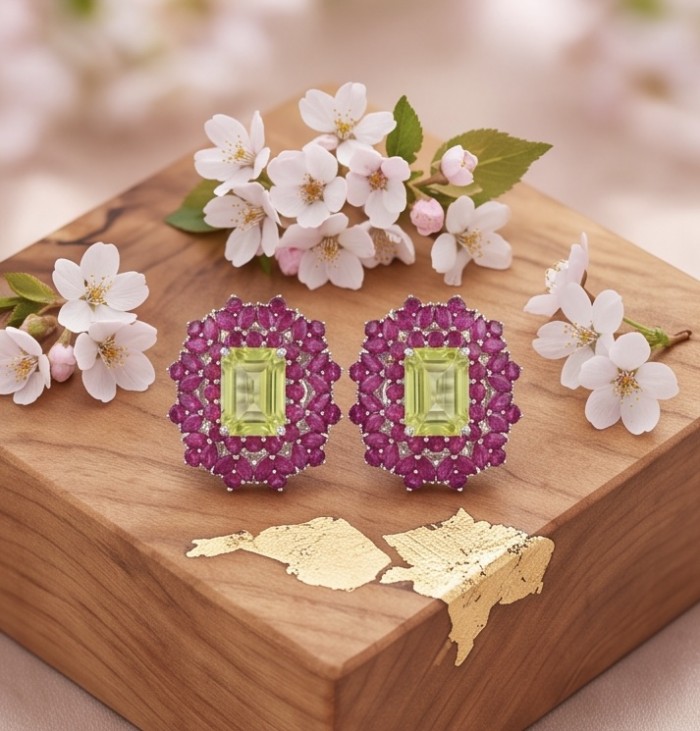 Francesca Authentic 15.5 carat Brazilian Citrine Mozambique Ruby .925 Sterling Silver brilliantly handcrafted Statement earrings - Francesca earrings front view with citrine and pink gemstone detail.
