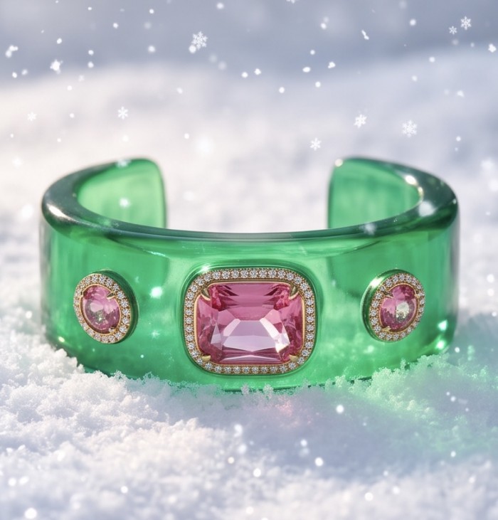 Candy Store - Modern Design Natural Green Raisin Pink Topaz .925 Sterling Silver bracelet - Front view of green resin bracelet with pink stones in the snow.