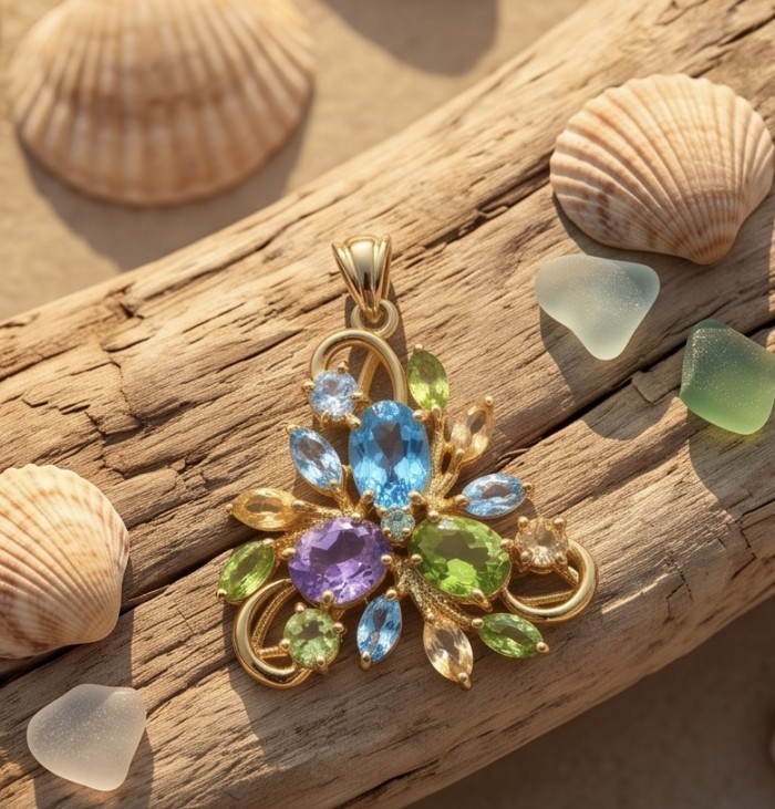 Colors of the Earth Precious 18.5 carat Multigem 18K Gold over .925 Sterling Silver Statement Pendant - Multigem gold pendant on driftwood with seashells and sea glass