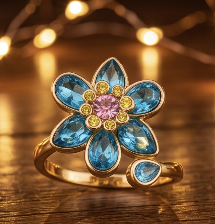 Summer flower 6.5 carat genuine Green Topaz 14K Gold over .925 Sterling Silver handmade Statement Ring size 8 - Flower-shaped ring with blue stones on a wooden surface, top view.