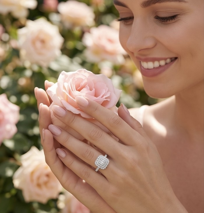 Art Deco Luxurious 6.5 carat White Topaz .925 Sterling Silver ring size 9 - Woman holding rose, wearing Art Deco 6.5 carat white topaz ring on hand.
