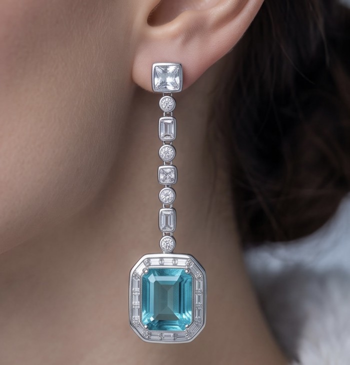 Incredible 8.5 carat Paraiba Tourmaline .925 Sterling Silver entirely handmade earrings - Paraiba Tourmaline earring worn on ear, showcasing gemstone detail.