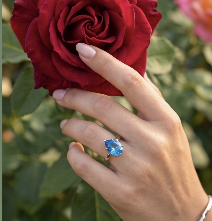 Angelina 8.9 carat authentic Aquamarine .925 Sterling Silver Handcrafted Ring size 7 - Aquamarine ring worn on hand, holding a red rose.