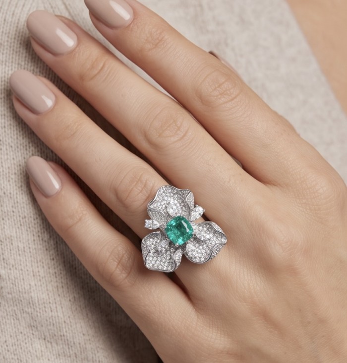 Elizabeth 4.8 carat Colombian Emerald 8.2 carat Moissanite .925 Sterling Silver dipped in Rhodium handcrafted Ring size 7 1/2 - Emerald and moissanite flower ring worn on hand, top view.