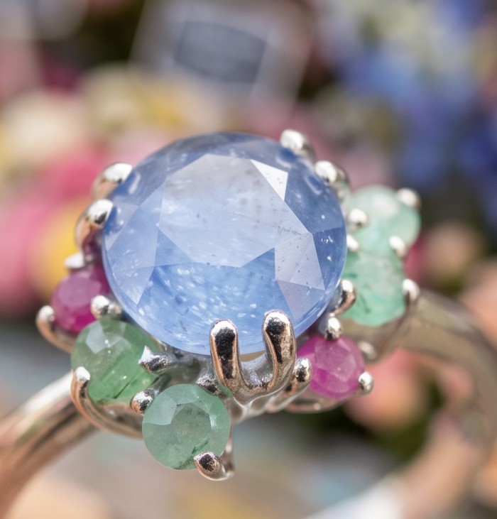 The Star of Kashmir 5.4 carat Sapphire Silver handmade Statement ring size 9 - Close-up of The Star of Kashmir sapphire ring with colorful gemstone accents.