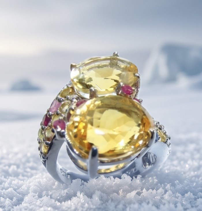 Emily 24.2 carat Brazilian Citrine .925 Sterling Silver dipped in rhodium handcrafted ring; s. 8 - Close-up of Emily 24.2 carat Brazilian Citrine ring on snowy surface.