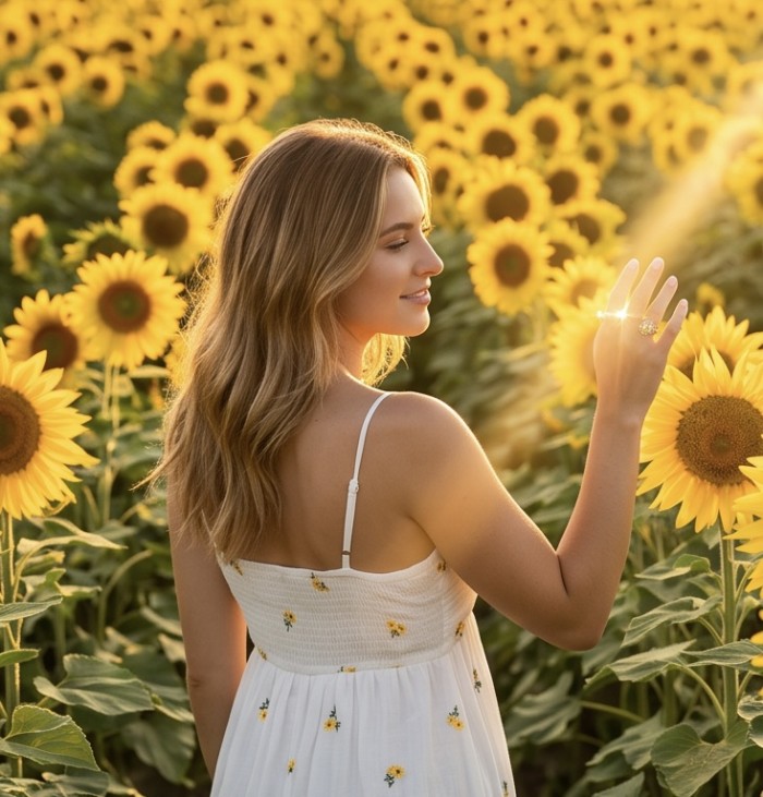 Esperanza - Luxurious 10.2 Brazilian Citrine Emerald 18K Gold over .925 Sterling Silver handmade Statement ring; s. 9 1/4 - Side view of Brazilian Citrine ring on hand amidst sunflowers.