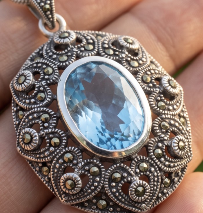 Angelina 11.9 carat authentic Aquamarine .925 Sterling Silver Handcrafted pendant - Close-up of Angelina aquamarine pendant in .925 sterling silver