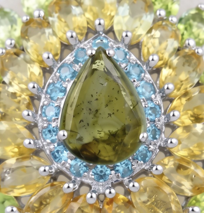 Blooming Garden 29.9 carat authentic Himalayan Peridot rhodium over .925 Sterling Silver Handcrafted Statement pendant - Close-up of Blooming Garden ring with Himalayan Peridot and gemstones.
