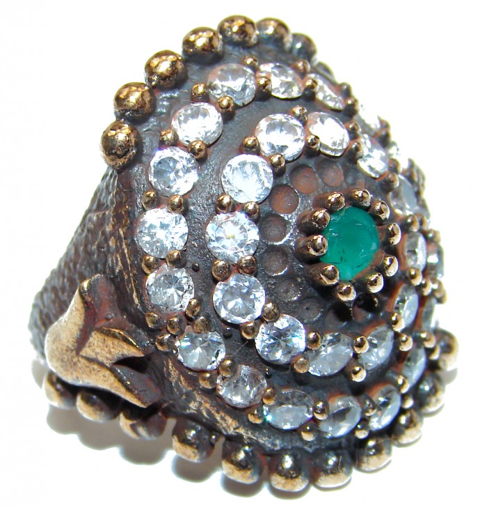 Victorian Style created Emerald & White Topaz Copper over Sterling Silver ring; s. 6 1/2 - photo 1