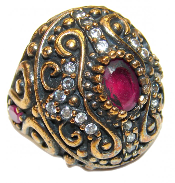 Victorian Style created Ruby & White Topaz Copper over Sterling Silver ring; s. 6 1/4 - photo 1
