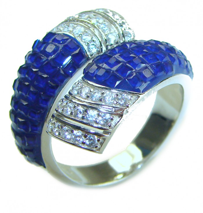 Art Deco Genuine 10.5 carat Sapphire .925 Sterling Silver handcrafted Ring size 6 1/2 - Art Deco sapphire ring, side view, highlighting blue stones and diamonds.