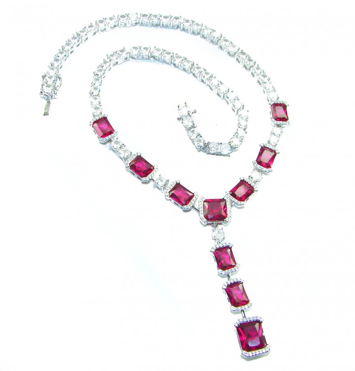 Royalty 30.2 carat Ruby .925 Sterling Silver .925 Sterling Silver Statement Necklace - Ruby and sterling silver necklace, top view with detailed stones.