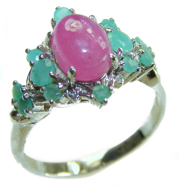 Emily 8.5 carat Ruby Emerald .925 Sterling Silver handmade Statement Ring size 7 - Ruby and emerald sterling silver ring, angled side view.
