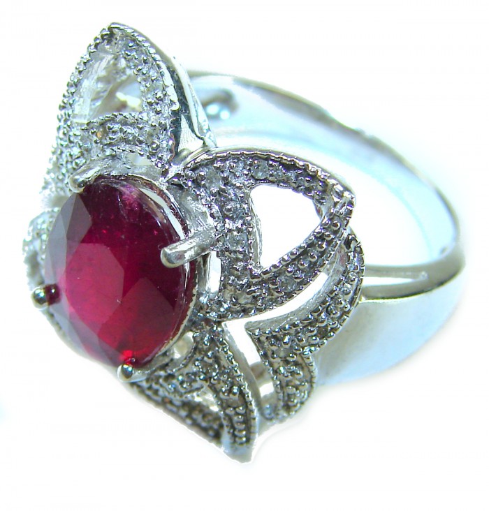 Real Beauty Natural 8.9 carat Ruby .925 Sterling Silver handmade Statement Ring size 8 - Close-up of ruby ring with intricate silver design, top view.